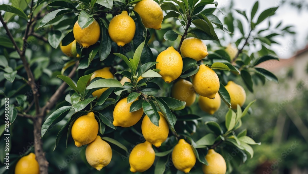 Lemon tree with ripe yellow lemons hanging among lush green leaves in a garden setting with blurred background and natural light Lemon tree with ripe yellow lemons hanging among lush green leaves in a garden setting with blurred background and natural light