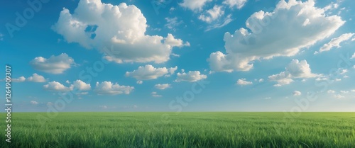 Lush green field under a bright blue sky with fluffy white clouds and sunlight creating a serene atmosphere with Copy Space
