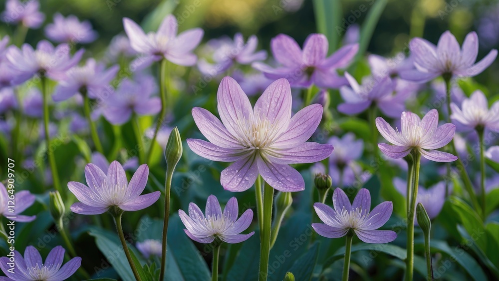 Purple wildflowers in full bloom with multiple flowers and green foliage under natural sunlight. Copy Space. Purple wildflowers in full bloom with multiple flowers and green foliage under natural sunlight. Copy Space.
