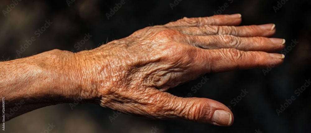 Fototapeta premium Arthritic Hand Detail: A Study of Wrinkles and Age Against Dark Background