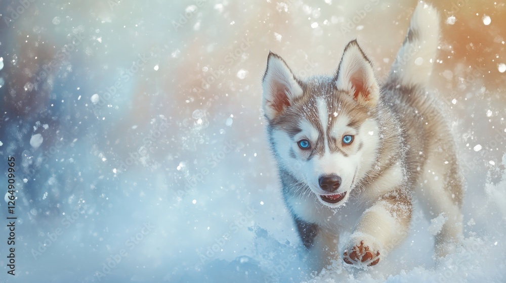 Siberian Husky puppy jumping and running in the snow in a winter field, Generative AI, Siberian Husky puppy jumping and running in the snow in a winter field, Generative AI,