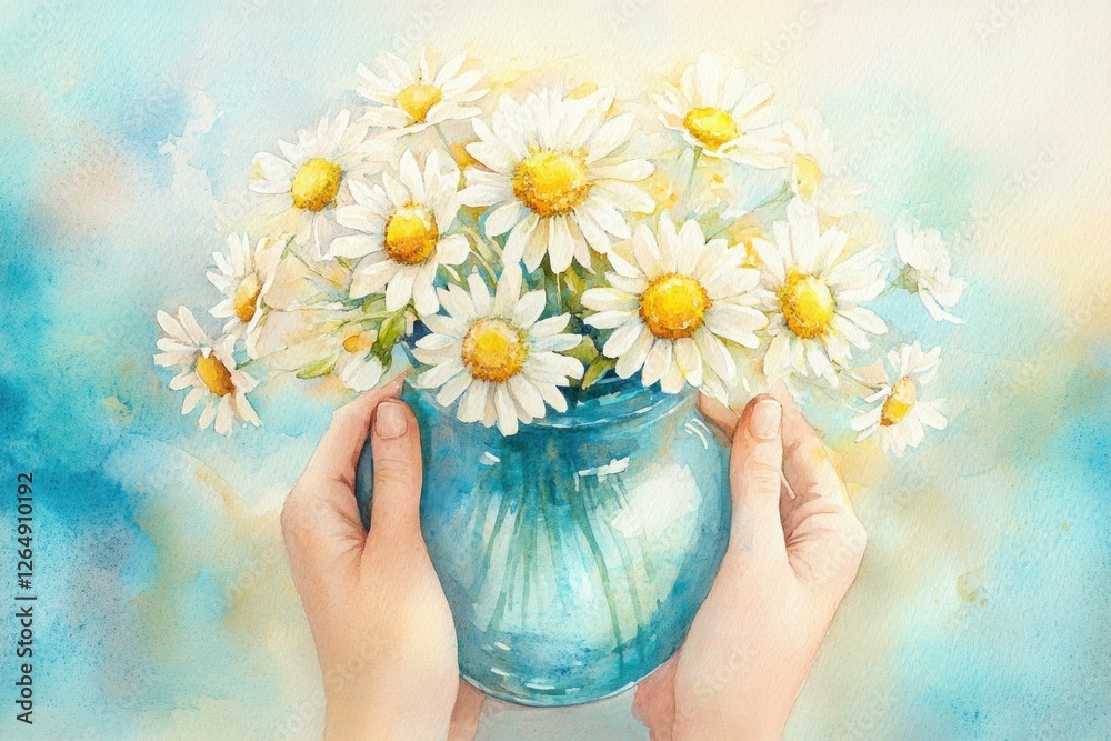 Hands holding a blue vase filled with fresh daisies against a soft, pastel background, symbolizing joy and spontaneity in nature s beauty Hands holding a blue vase filled with fresh daisies against a soft, pastel background, symbolizing joy and spontaneity in nature s beauty