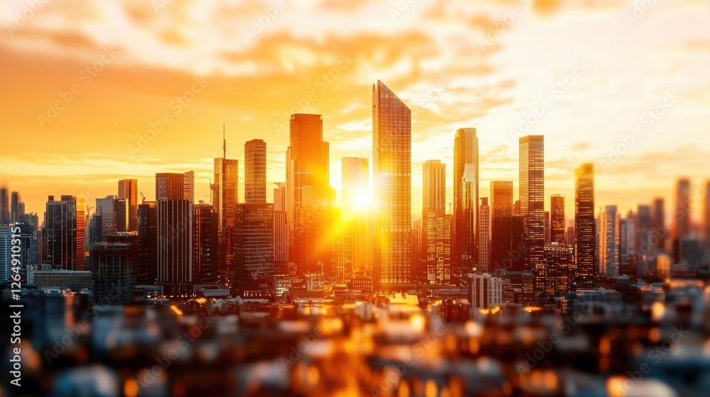 Fototapeta premium Golden Sunset Over Urban Skyline with High-Rise Buildings Reflecting Warm Light and Dramatic Clouds