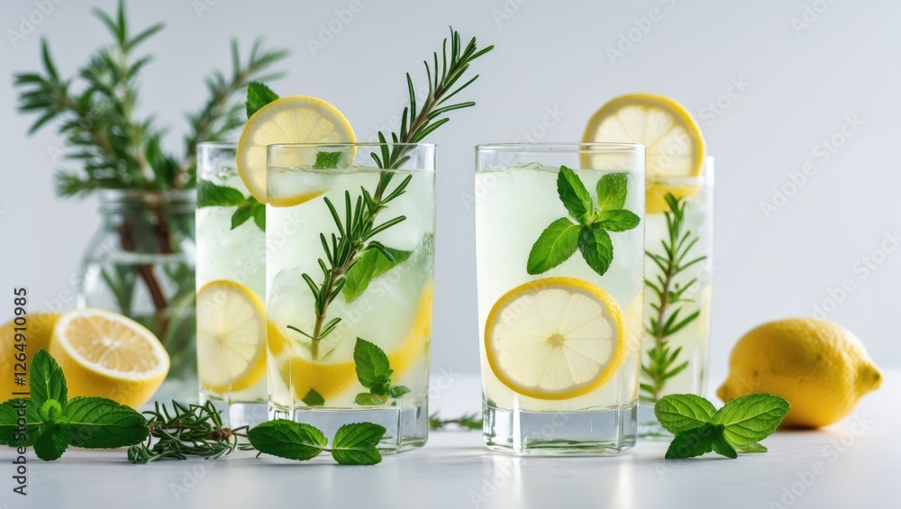 Fototapeta premium Refreshing lemonade drinks with slices of lemon and garnished with mint and rosemary on a light background with copy space