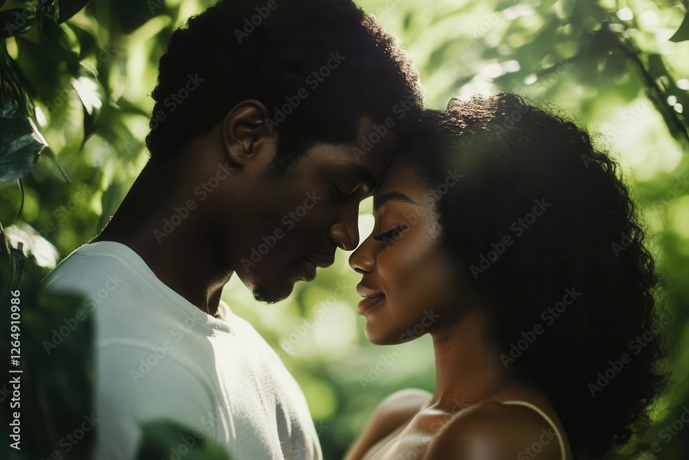 young black couple sharing intimate moment in garden setting, natural sunlight through trees, genuine joy and connection young black couple sharing intimate moment in garden setting, natural sunlight through trees, genuine joy and connection