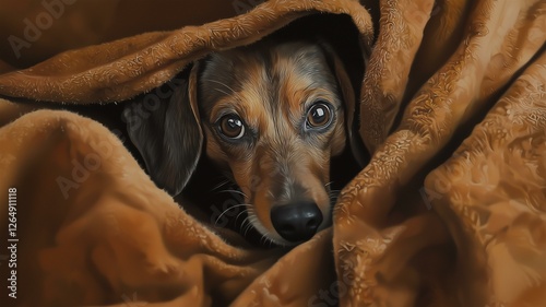 Ultra-realistic image of a dachshund peeking out from under a soft blanket, with a curious nose and gentle expression
