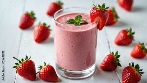 Wallpaper Mural Fresh strawberry smoothie in a glass surrounded by fresh strawberries on a wooden surface with green mint leaf garnish Copy Space Torontodigital.ca