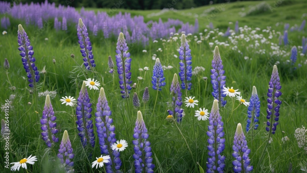 Naklejka premium Colorful field of blooming purple lupines and white daisies in lush green grass with natural light Copy Space