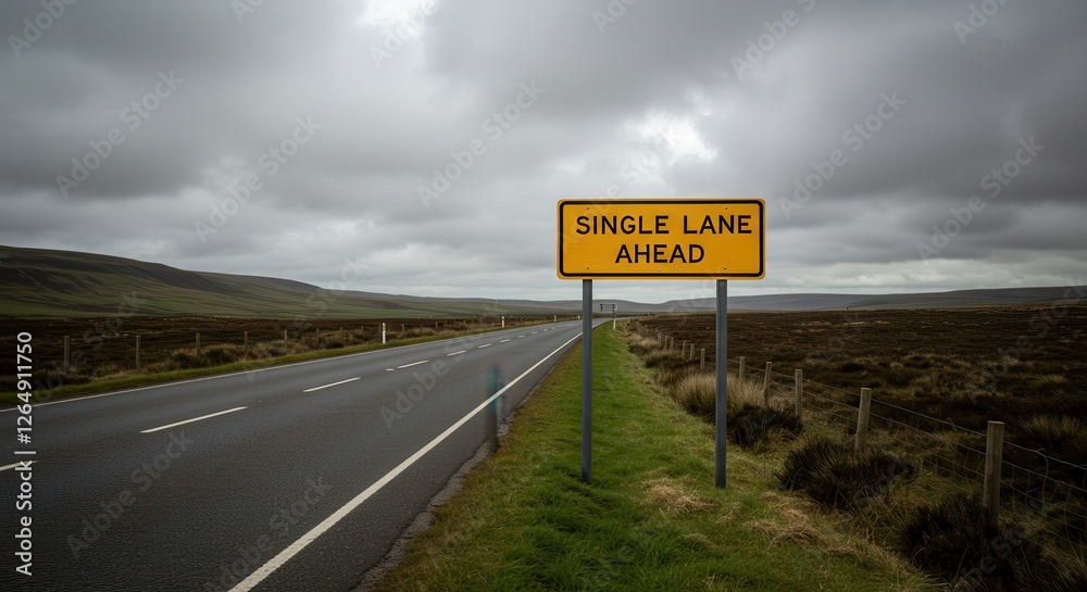 Driving on Rural Road with Single Lane Ahead Sign on Overcast Day Driving on Rural Road with Single Lane Ahead Sign on Overcast Day