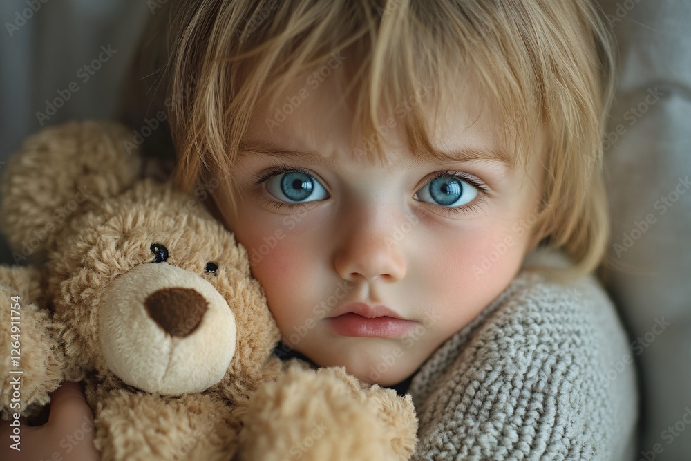 Toddler girl hugging teddy bear showing pensive expression Toddler girl hugging teddy bear showing pensive expression