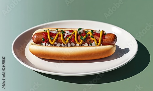 Enjoying a classic hot dog with mustard and toppings on a white plate