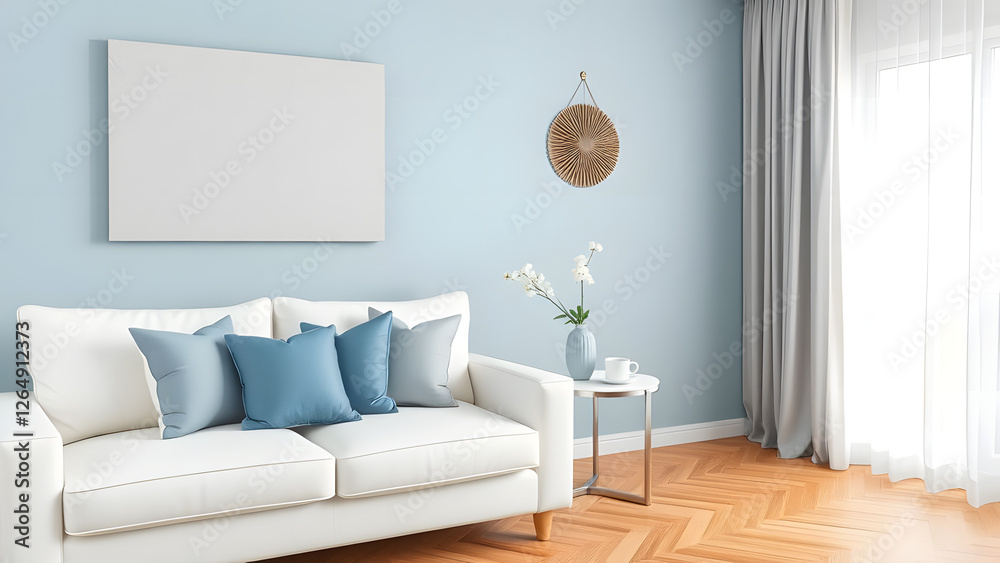 Fototapeta premium This modern living room boasts a stylish sofa and contemporary interior design