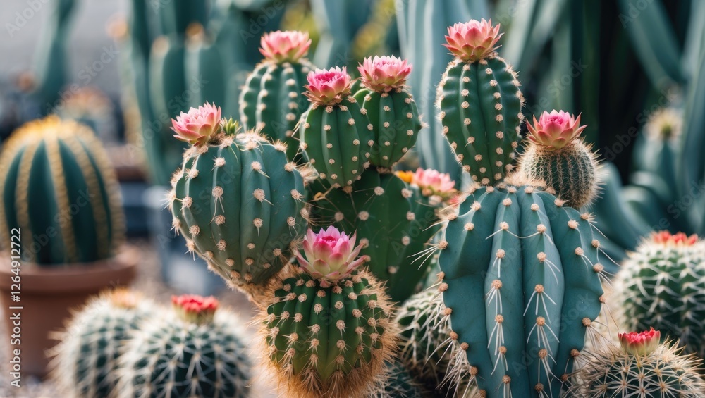 Cacti with pink flowers in a desert garden setting showcasing different cactus species with blurred background and Copy Space Cacti with pink flowers in a desert garden setting showcasing different cactus species with blurred background and Copy Space