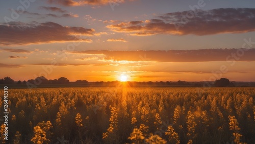 Golden sunset over a blooming field with flowers in the foreground and a colorful sky, landscape format, natural beauty, Copy Space photo