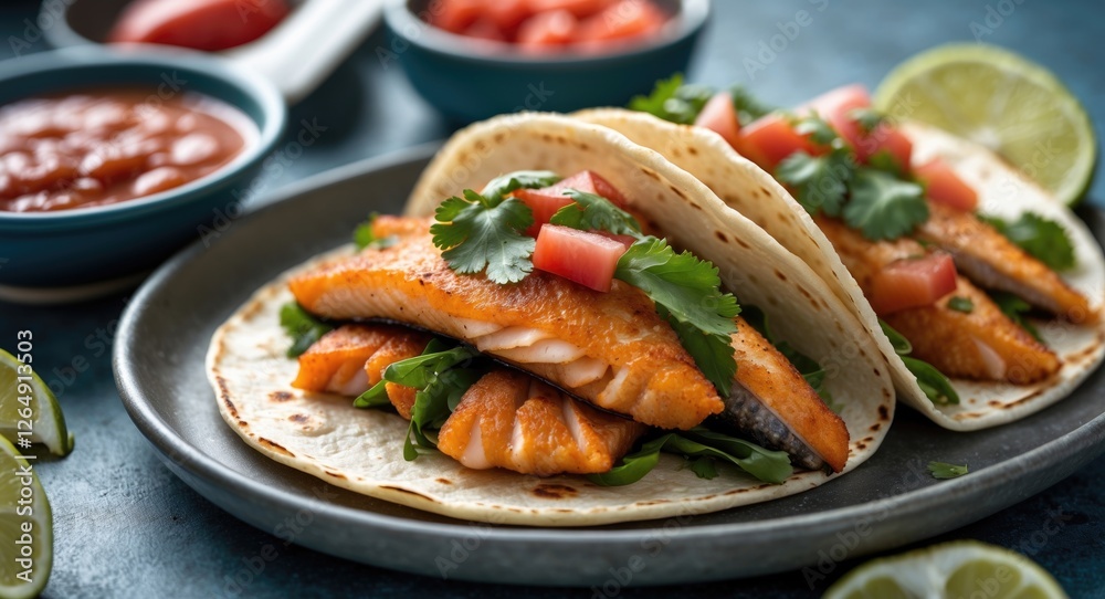Salmon tacos with fresh cilantro and tomato served on a plate with lime wedges and dipping sauces in background Copy Space Salmon tacos with fresh cilantro and tomato served on a plate with lime wedges and dipping sauces in background Copy Space