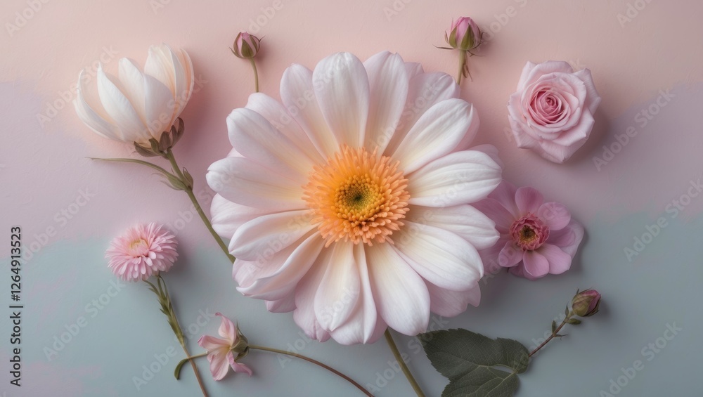 Floral arrangement featuring various pastel flowers including a large white daisy and pink roses on a soft color background with Copy Space Floral arrangement featuring various pastel flowers including a large white daisy and pink roses on a soft color background with Copy Space
