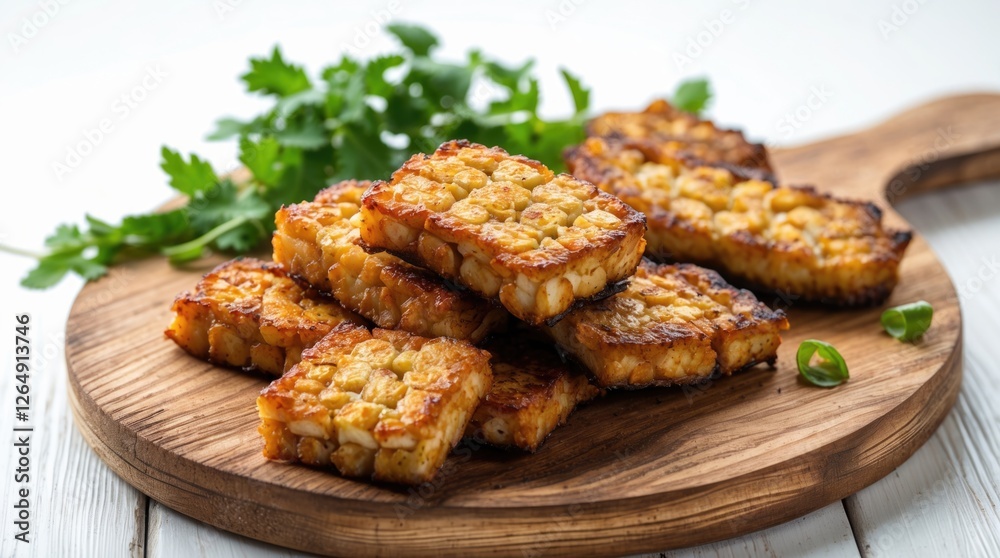 Fried tempeh slices on a wooden cutting board garnished with fresh cilantro and green onions on a light surface Copy Space Fried tempeh slices on a wooden cutting board garnished with fresh cilantro and green onions on a light surface Copy Space