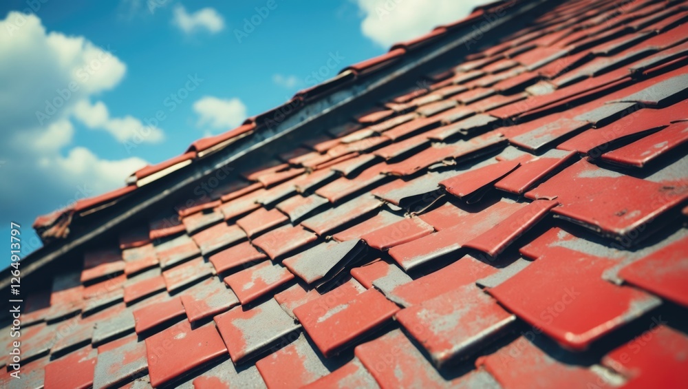 Weathered red and gray roof shingles with blue sky and clouds in the background showing texture and aging of materials Copy Space Weathered red and gray roof shingles with blue sky and clouds in the background showing texture and aging of materials Copy Space