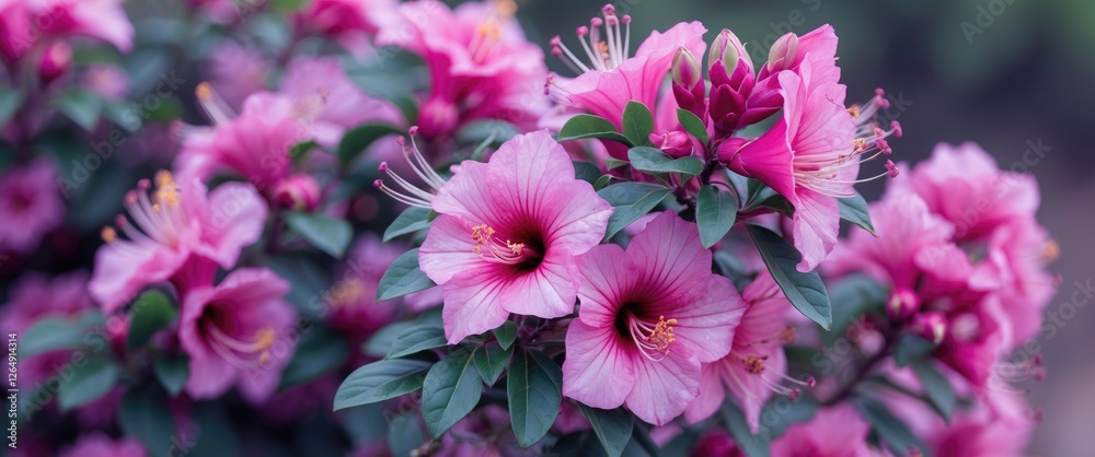 Pink hibiscus flowers in full bloom surrounded by lush green leaves natural garden setting with Copy Space Pink hibiscus flowers in full bloom surrounded by lush green leaves natural garden setting with Copy Space