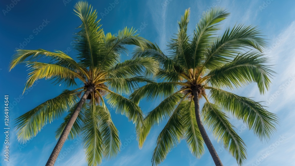 Two tall palm trees with green fronds against a bright blue sky and wispy clouds Copy Space Two tall palm trees with green fronds against a bright blue sky and wispy clouds Copy Space