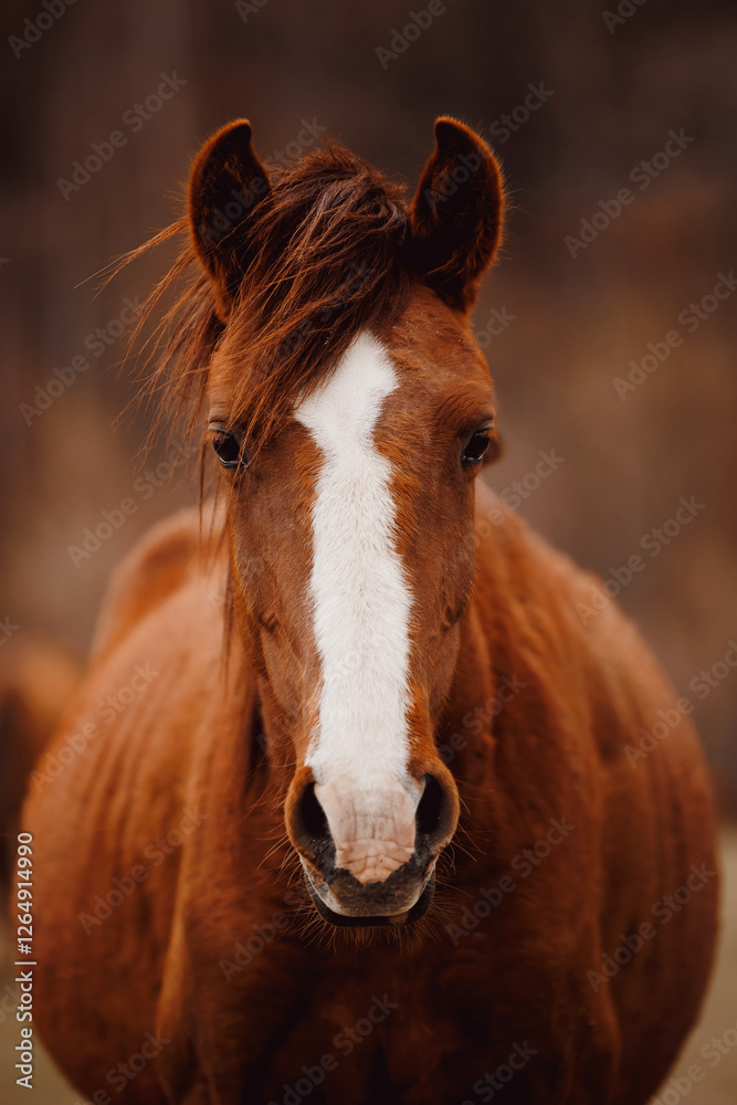 Fototapeta premium Closeup Majestic brown horse with white blaze in Altai Siberia landscape, retro warm toning