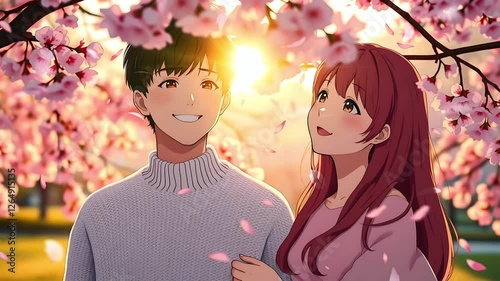 Wallpaper Mural Anime couple in love under cherry blossoms. Seamless looping time lapse animation video background  
 Torontodigital.ca
