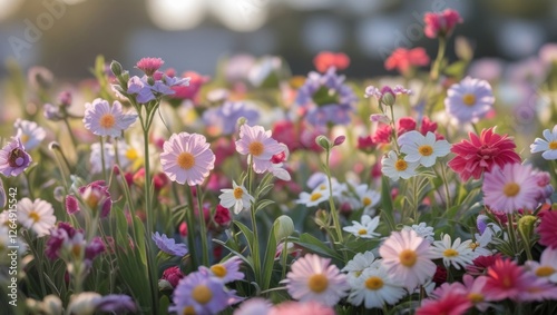 Colorful flower field with various blossoms in sunlight creating a vibrant natural environment with Copy Space