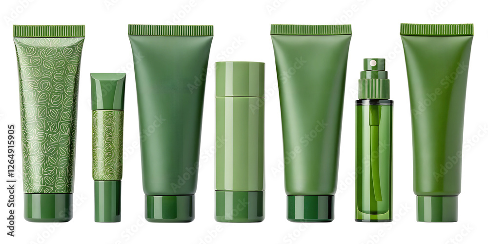 Fototapeta premium Green Cosmetic Container Collection – Modern & Sleek Packaging Design on On Transparent Background