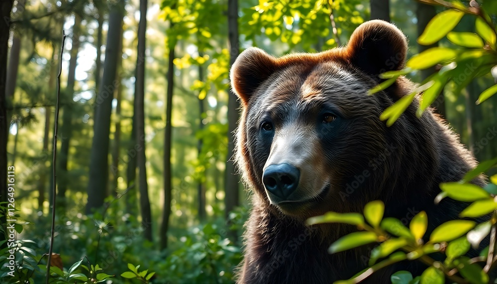 Fototapeta premium Close up of a brown bear in a dense forest, surrounded by trees, sunlight filtering through the leaves