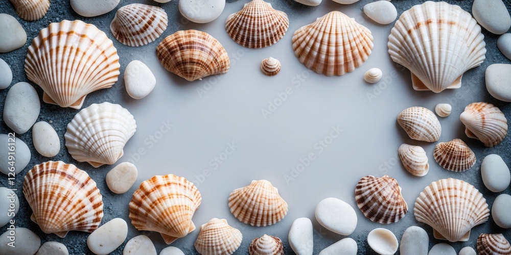 Seashells and pebbles arranged in a circular frame on a textured surface with copy space for text or design elements Seashells and pebbles arranged in a circular frame on a textured surface with copy space for text or design elements