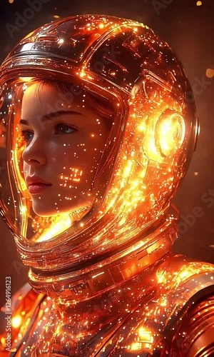 Astronaut exploring a glowing extraterrestrial environment with intricate details and shimmering particles in a futuristic setting