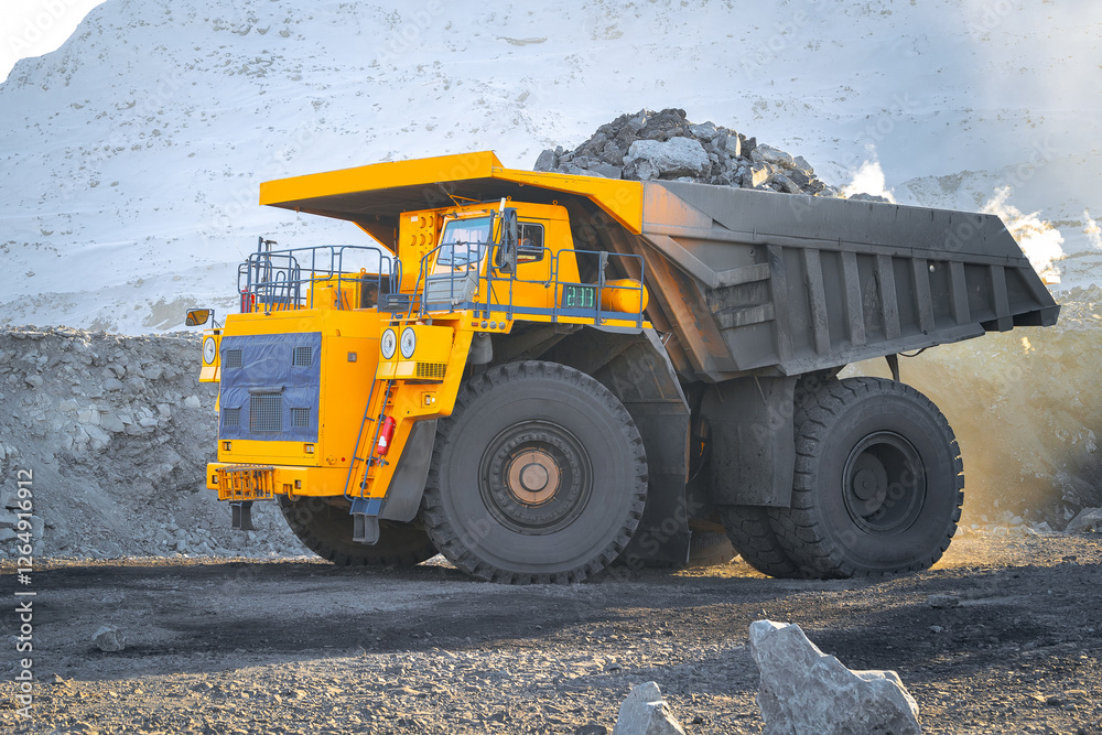Work Big yellow dump truck in open coal mine Work Big yellow dump truck in open coal mine