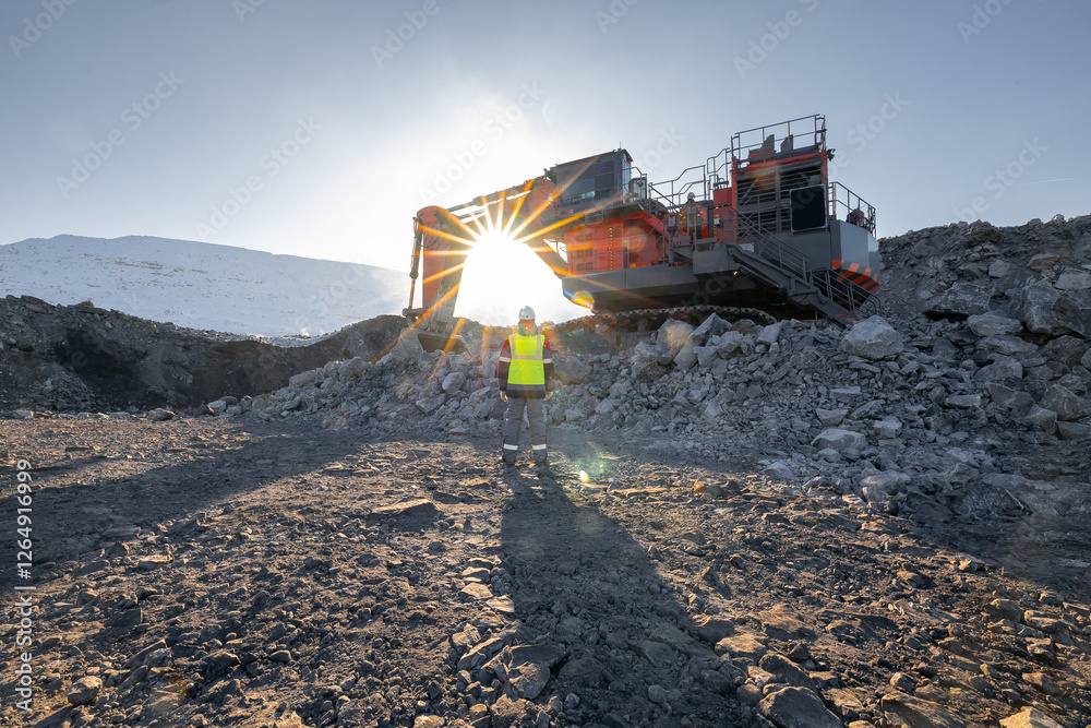 Fototapeta premium Operator engineer controls operation of excavator mining coal in an open pit mine