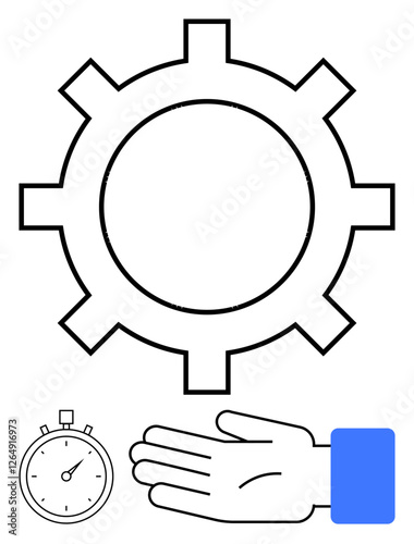 Gear, stopwatch, and hand with blue cuff represent productivity, time management, efficiency, work process improvement, teamwork, and precision. Ideal for workflow optimization business strategies