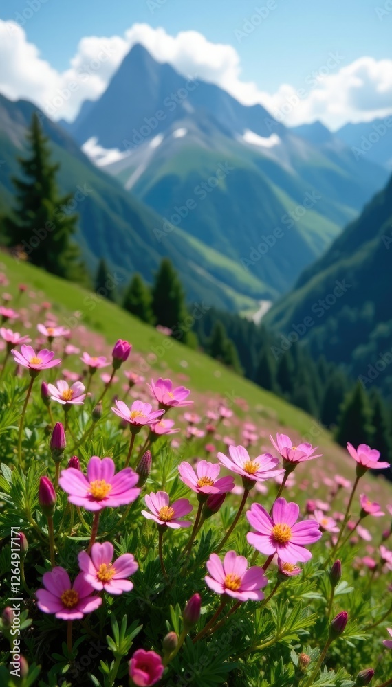 Obraz premium A carpet of delicate pink wildflowers blankets the mountainside, greenery, pink
