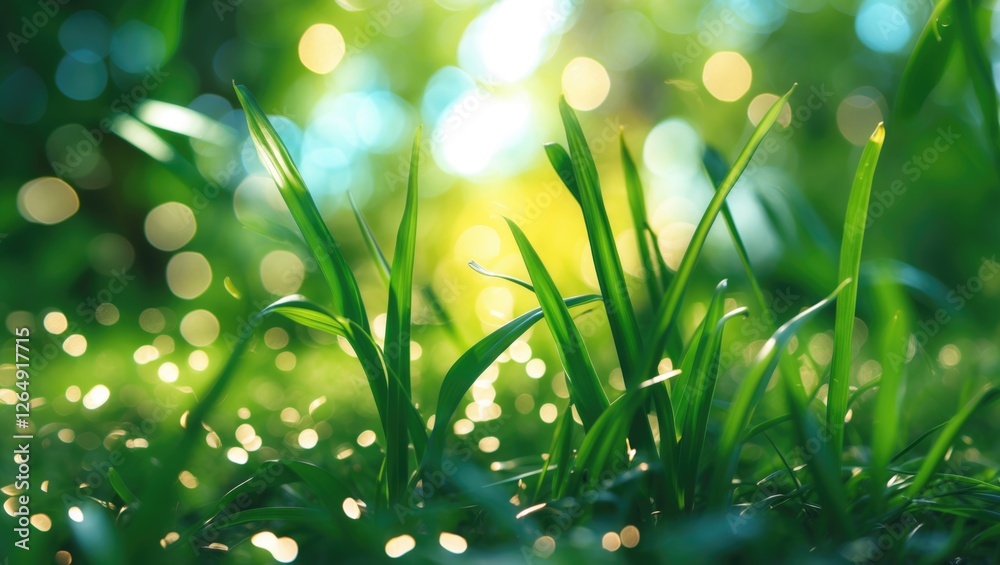Fototapeta premium Green grass blades in natural sunlight with bokeh effect and out of focus background Copy Space
