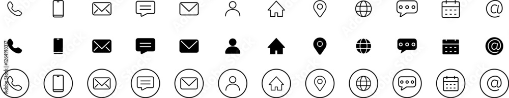 Contact us set of black and linear icons in circle. Business card containing user, phone, website, location, address, telephone, mail, fax, symbol sign for apps and website, contact for communication