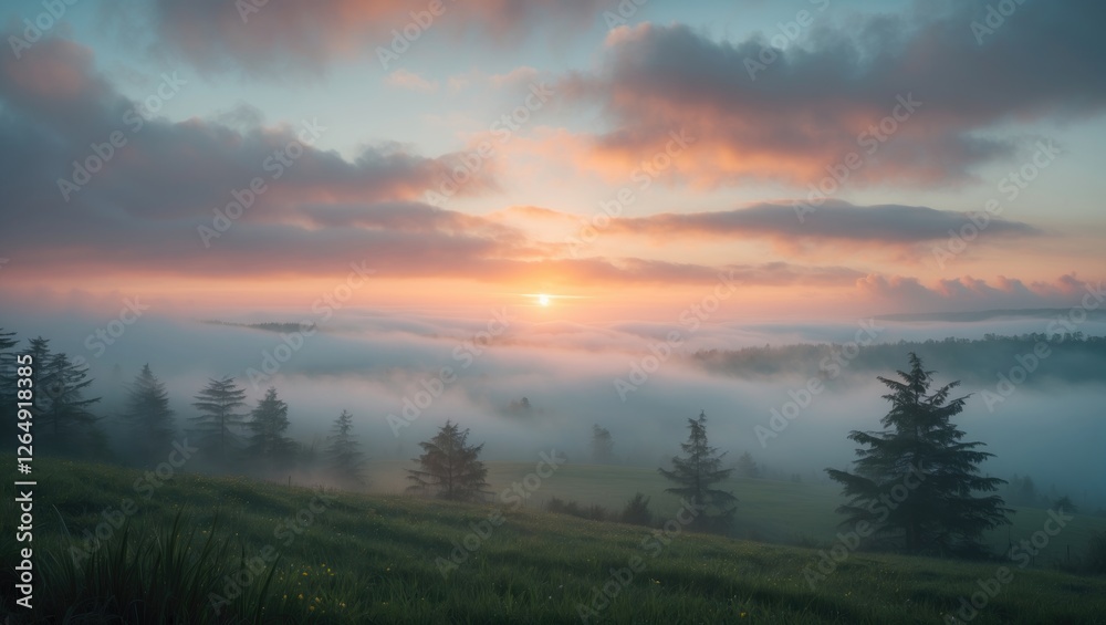 Foggy sunrise landscape with trees in the foreground and colorful sky, tranquil atmosphere and soft light, Copy Space Foggy sunrise landscape with trees in the foreground and colorful sky, tranquil atmosphere and soft light, Copy Space