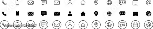 Obraz na płótnie Contact us set of black and linear icons in circle. Business card containing user, phone, website, location, address, telephone, mail, fax, symbol sign for apps and website, contact for communication w salonie