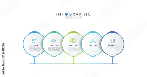 Five distinct branches extend downward from the central circle, each leading to another circle representing a step in the process. Concept of 5 steps infographics of business development process.