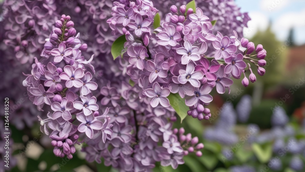 Purple lilac flowers in full bloom surrounded by green leaves and blurred garden background with soft natural lighting. Copy Space Purple lilac flowers in full bloom surrounded by green leaves and blurred garden background with soft natural lighting. Copy Space