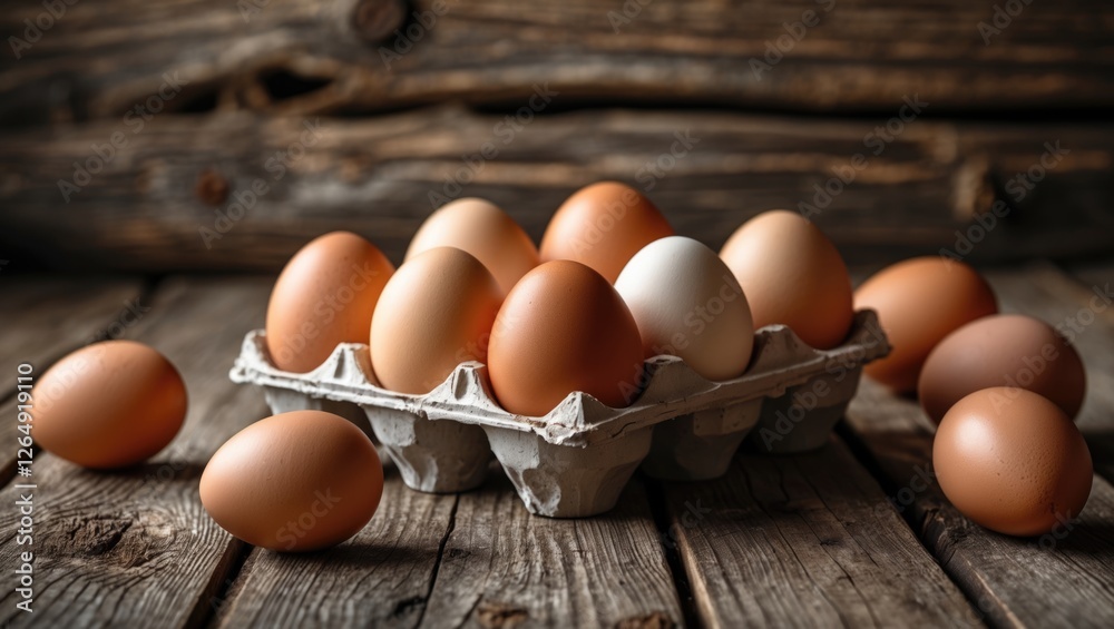 Fresh farm eggs in an egg carton on rustic wooden background with natural lighting and shadows Copy Space Fresh farm eggs in an egg carton on rustic wooden background with natural lighting and shadows Copy Space