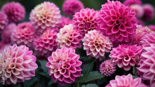 Colorful assortment of pink dahlia flowers in full bloom with various petal shapes and textures on green foliage Copy Space