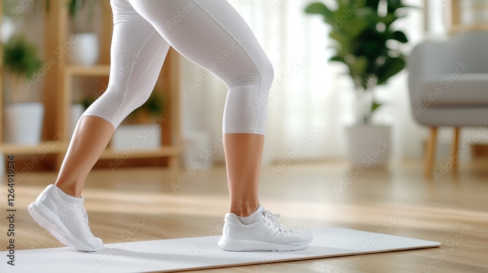 Fototapeta premium Motivated and focused Asian woman performing lunges on a yoga mat in a bright peaceful home environment with plants and decor demonstrating discipline strength and a healthy lifestyle