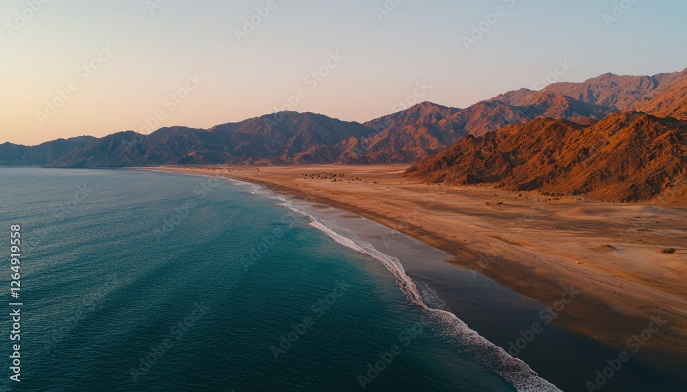 Fototapeta premium Ocean waves reaching sandy shore against mountains at sunrise, for vacation ads