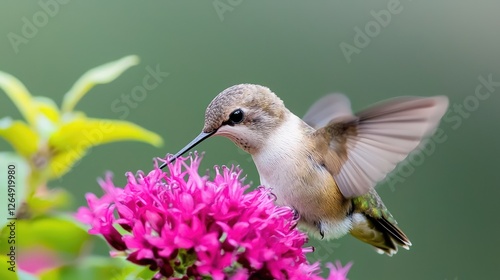 Hummingbird feeds on flower