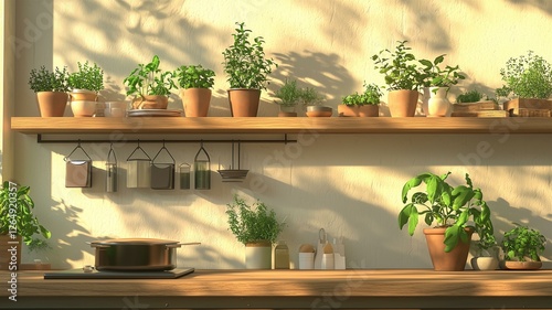 Ultra-realistic image of a minimalist kitchen with wooden shelves, potted herbs, and natural lighting creating a cozy feel
 photo