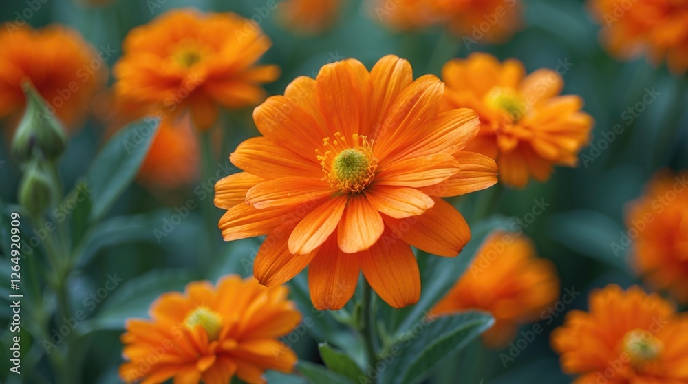 Bright orange flowers in bloom surrounded by lush green foliage vivid nature background with copy space for text Bright orange flowers in bloom surrounded by lush green foliage vivid nature background with copy space for text