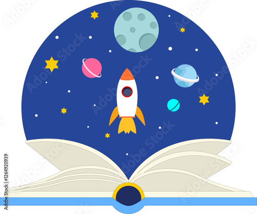 Open Book with Space Scene, Imagination and Adventure, Illustration