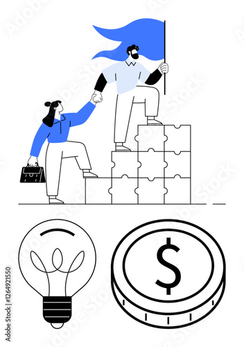 Businessman holding a flag atop puzzle blocks helps teammate climb while light bulb and coin represent ideas, success. Ideal for leadership, teamwork, innovation, success, goals, strategy, abstract